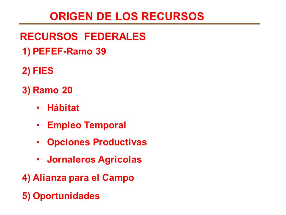 ORIGEN DE LOS RECURSOS RECURSOS FEDERALES PEFEF-Ramo 39 FIES Ramo 20