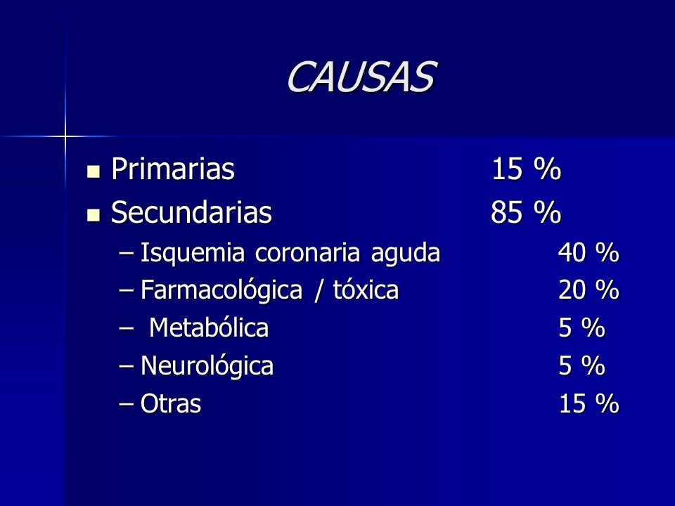 CAUSAS Primarias 15 % Secundarias 85 % Isquemia coronaria aguda 40 %