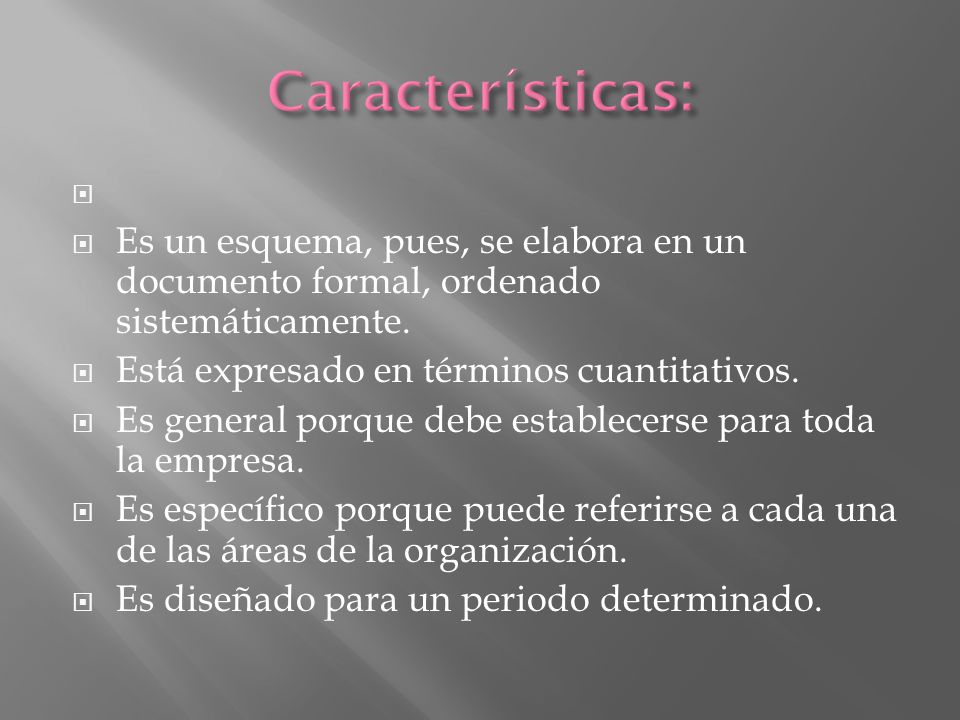 Características: Es un esquema, pues, se elabora en un documento formal, ordenado sistemáticamente.