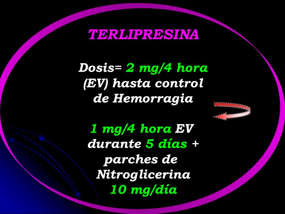 TERLIPRESINA Dosis= 2 mg/4 hora (EV) hasta control de Hemorragia