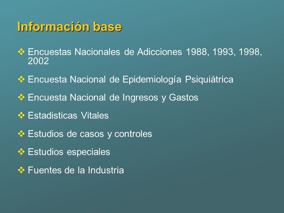 Información base Encuestas Nacionales de Adicciones 1988, 1993, 1998, Encuesta Nacional de Epidemiología Psiquiátrica.