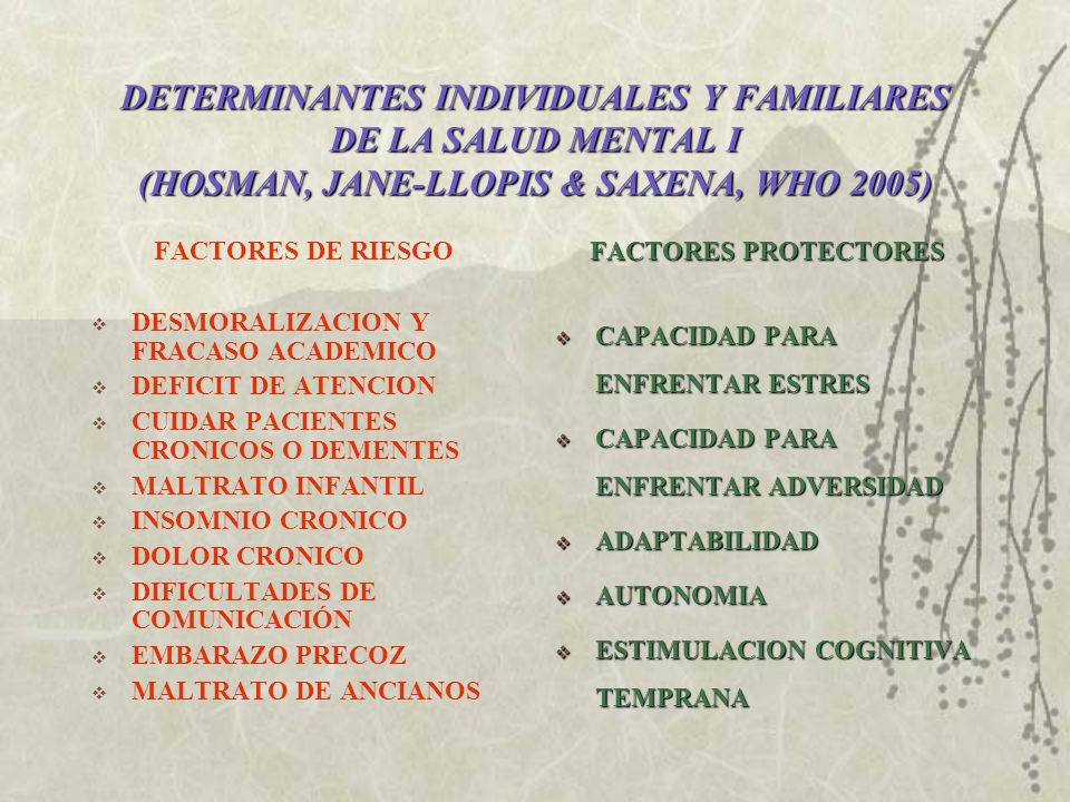 DETERMINANTES INDIVIDUALES Y FAMILIARES DE LA SALUD MENTAL I (HOSMAN, JANE-LLOPIS & SAXENA, WHO 2005)