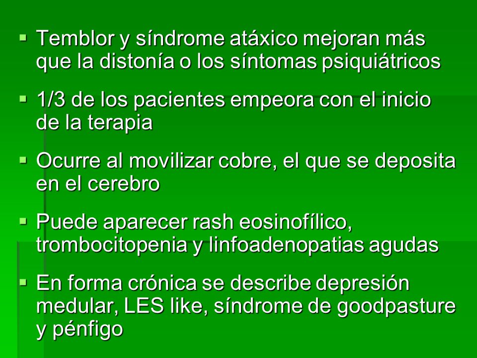 Temblor y síndrome atáxico mejoran más que la distonía o los síntomas psiquiátricos