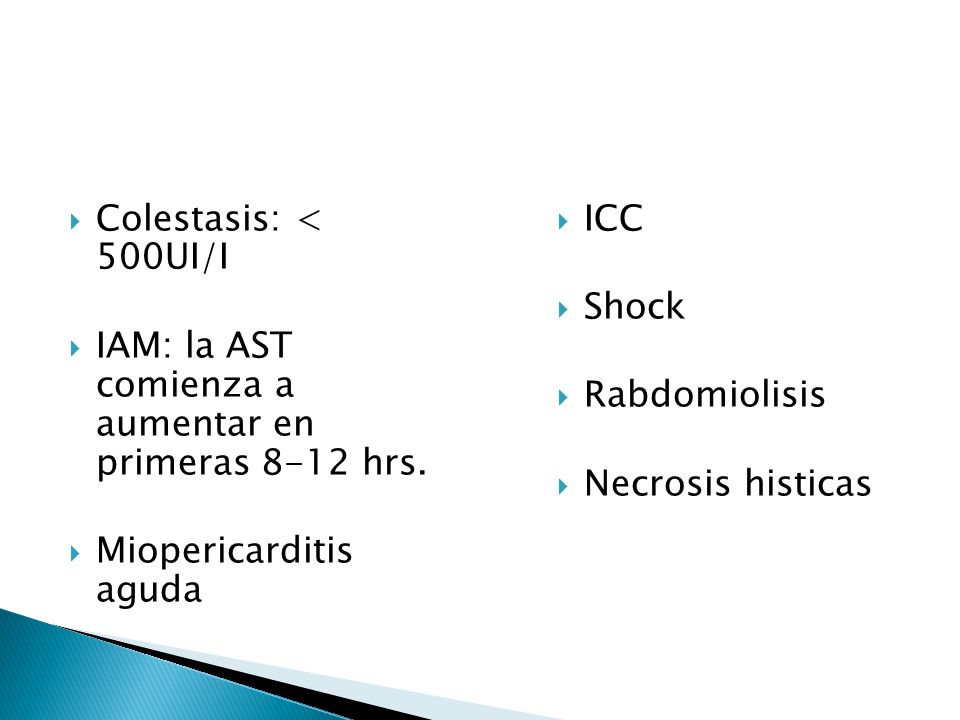 Colestasis: < 500UI/I IAM: la AST comienza a aumentar en primeras 8-12 hrs. Miopericarditis aguda.