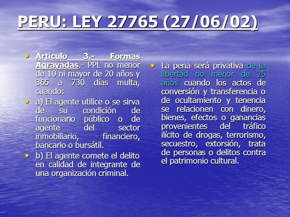 PERU: LEY (27/06/02) Artículo 3.- Formas Agravadas.- PPL no menor de 10 ni mayor de 20 años y 365 a 730 días multa, cuando: