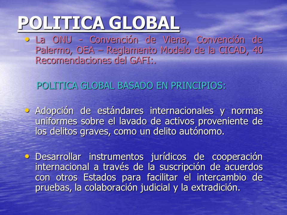 POLITICA GLOBAL La ONU - Convención de Viena, Convención de Palermo, OEA – Reglamento Modelo de la CICAD, 40 Recomendaciones del GAFI:.