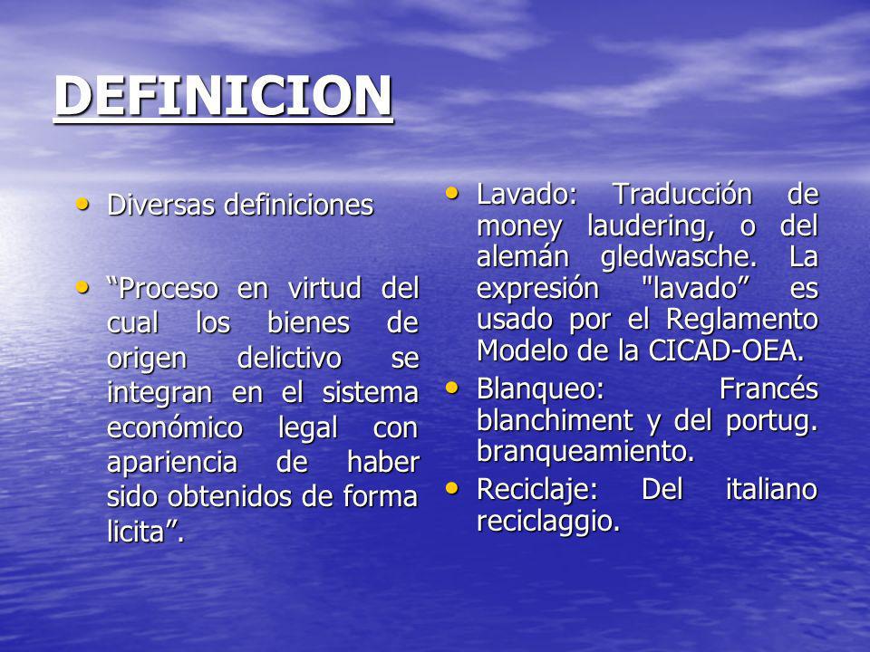 DEFINICION Lavado: Traducción de money laudering, o del alemán gledwasche. La expresión lavado es usado por el Reglamento Modelo de la CICAD-OEA.