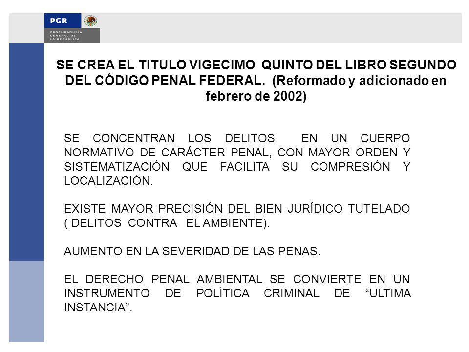 SE CREA EL TITULO VIGECIMO QUINTO DEL LIBRO SEGUNDO DEL CÓDIGO PENAL FEDERAL. (Reformado y adicionado en febrero de 2002)