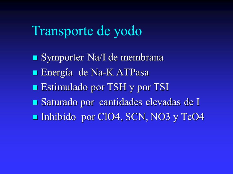 Transporte de yodo Symporter Na/I de membrana Energía de Na-K ATPasa