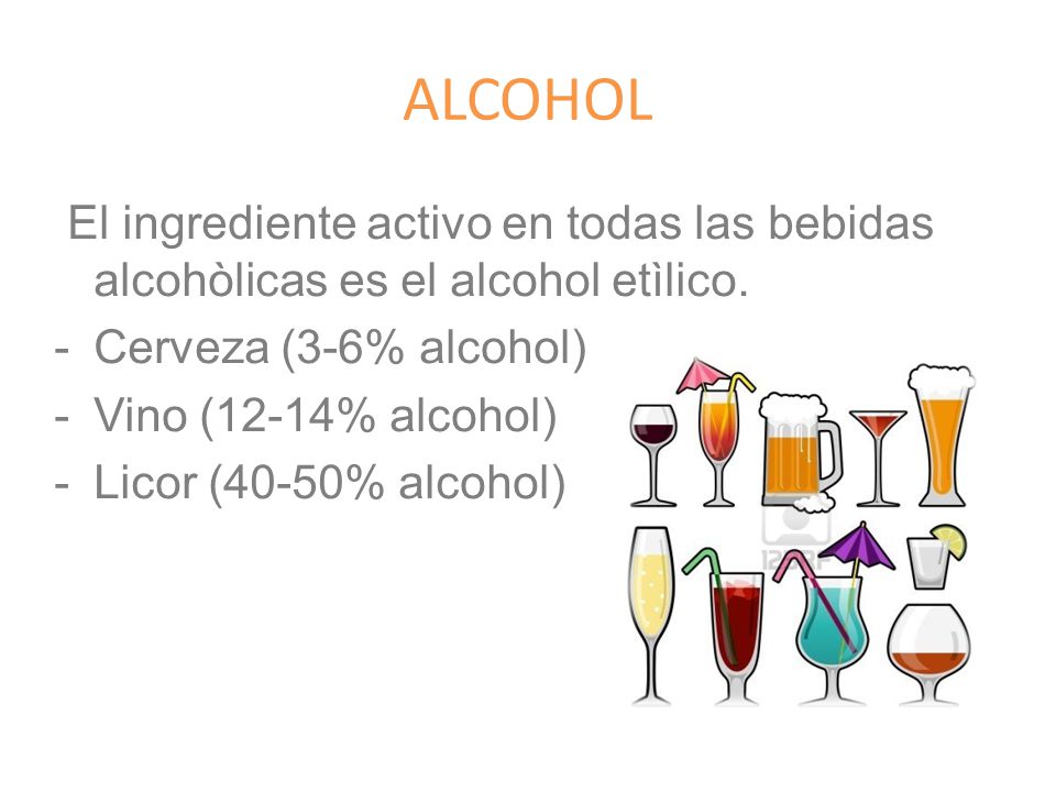 ALCOHOL El ingrediente activo en todas las bebidas alcohòlicas es el alcohol etìlico. Cerveza (3-6% alcohol)