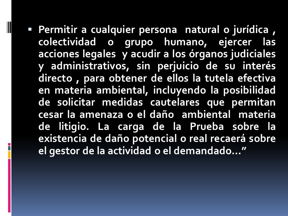Permitir a cualquier persona natural o jurídica , colectividad o grupo humano, ejercer las acciones legales y acudir a los órganos judiciales y administrativos, sin perjuicio de su interés directo , para obtener de ellos la tutela efectiva en materia ambiental, incluyendo la posibilidad de solicitar medidas cautelares que permitan cesar la amenaza o el daño ambiental materia de litigio.
