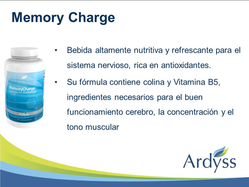 Memory Charge Bebida altamente nutritiva y refrescante para el sistema nervioso, rica en antioxidantes.