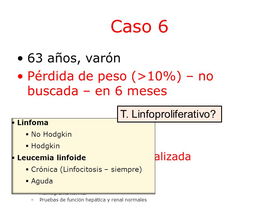 Caso 6 63 años, varón. Pérdida de peso (>10%) – no buscada – en 6 meses. Fiebre en las tardes. Esplenomegalia.