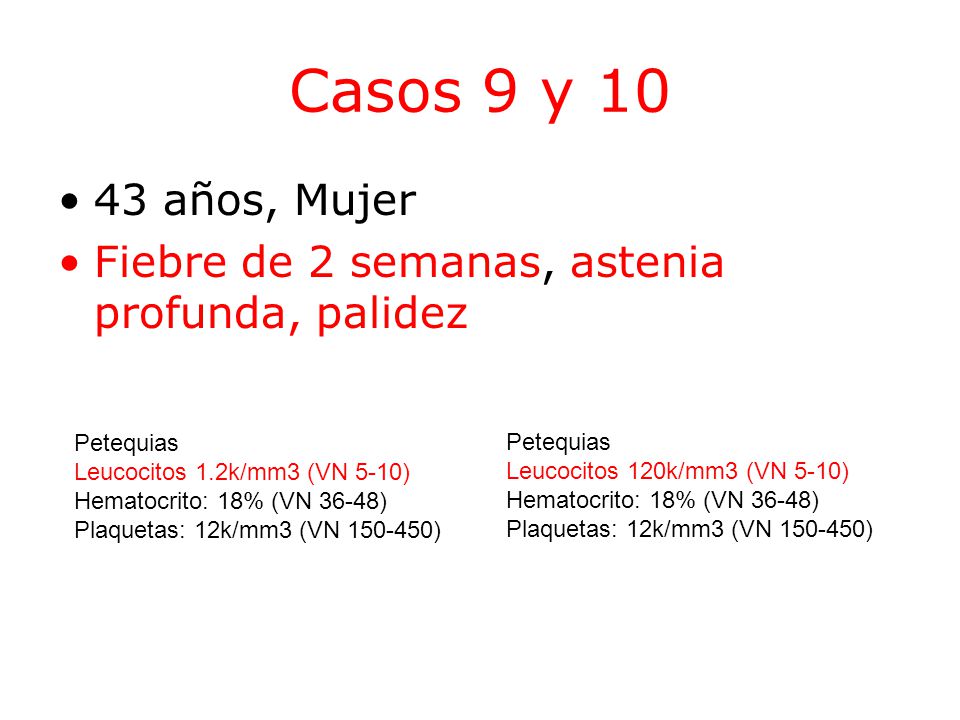Casos 9 y años, Mujer. Fiebre de 2 semanas, astenia profunda, palidez. Petequias. Leucocitos 1.2k/mm3 (VN 5-10)