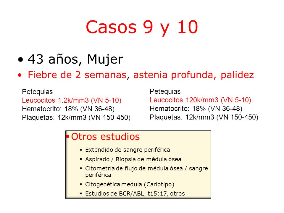 Casos 9 y años, Mujer. Fiebre de 2 semanas, astenia profunda, palidez. Petequias. Leucocitos 1.2k/mm3 (VN 5-10)