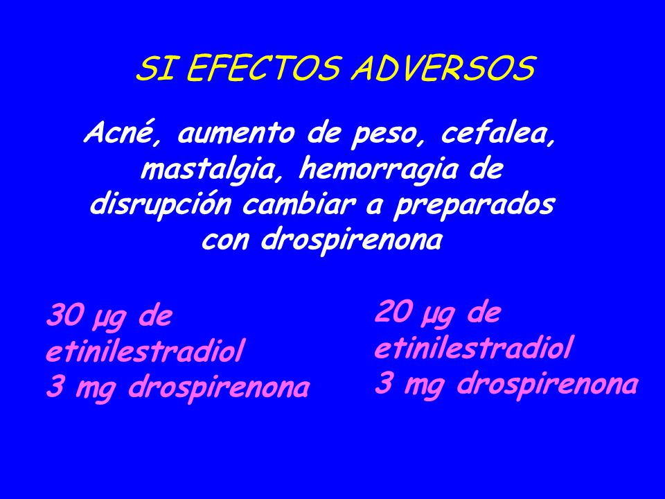 09/04/2017 SI EFECTOS ADVERSOS. Acné, aumento de peso, cefalea, mastalgia, hemorragia de disrupción cambiar a preparados con drospirenona.