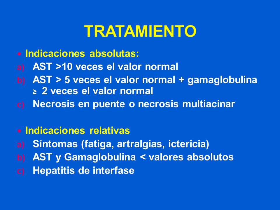 TRATAMIENTO Indicaciones absolutas: AST >10 veces el valor normal
