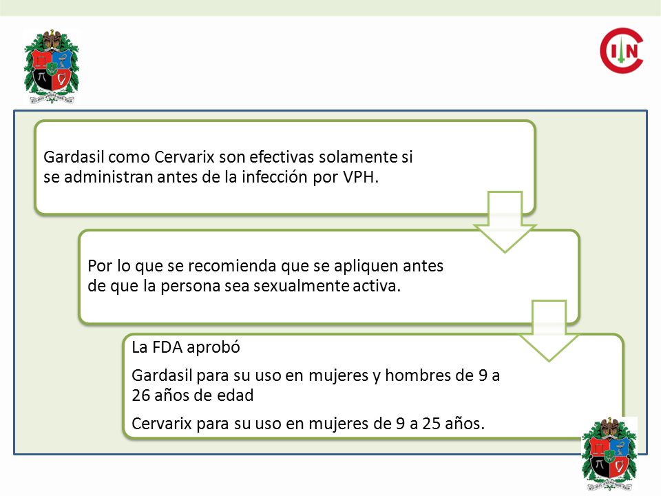 Gardasil como Cervarix son efectivas solamente si se administran antes de la infección por VPH.