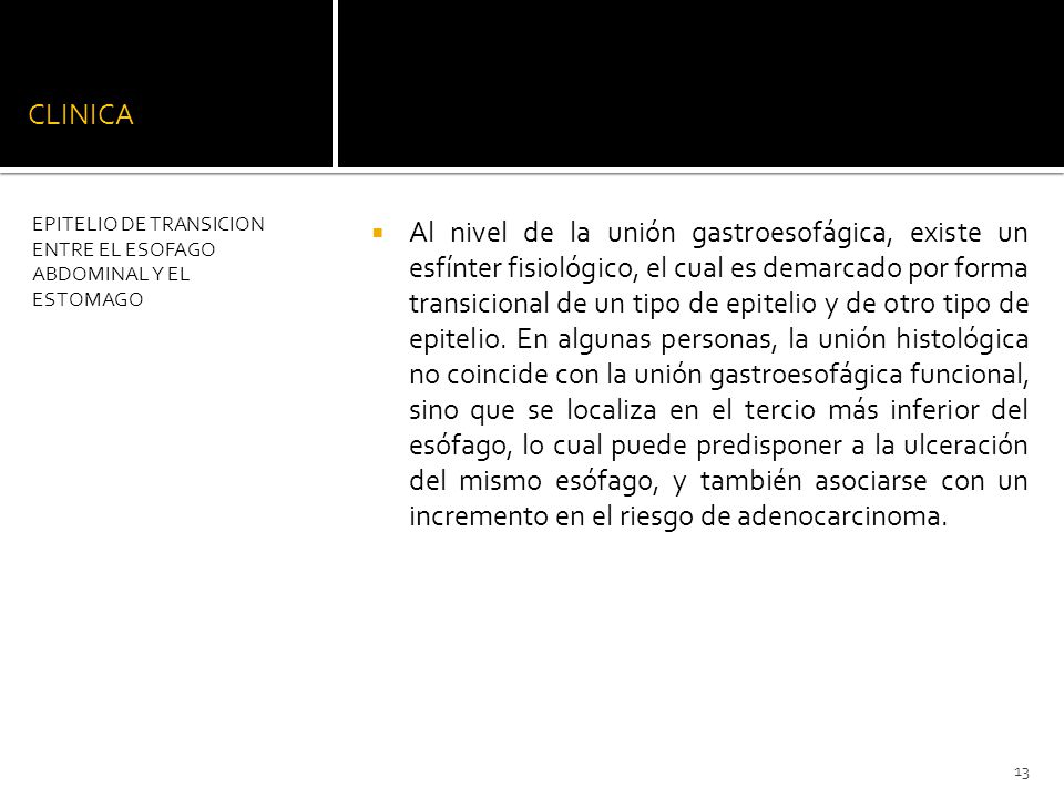 CLINICA EPITELIO DE TRANSICION ENTRE EL ESOFAGO ABDOMINAL Y EL ESTOMAGO.