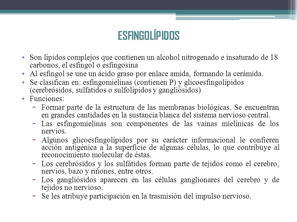 ESFINGOLÍPIDOS Son lípidos complejos que contienen un alcohol nitrogenado e insaturado de 18 carbonos, el esfingol o esfingosina.
