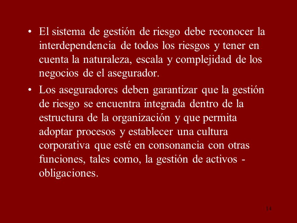 El sistema de gestión de riesgo debe reconocer la interdependencia de todos los riesgos y tener en cuenta la naturaleza, escala y complejidad de los negocios de el asegurador.