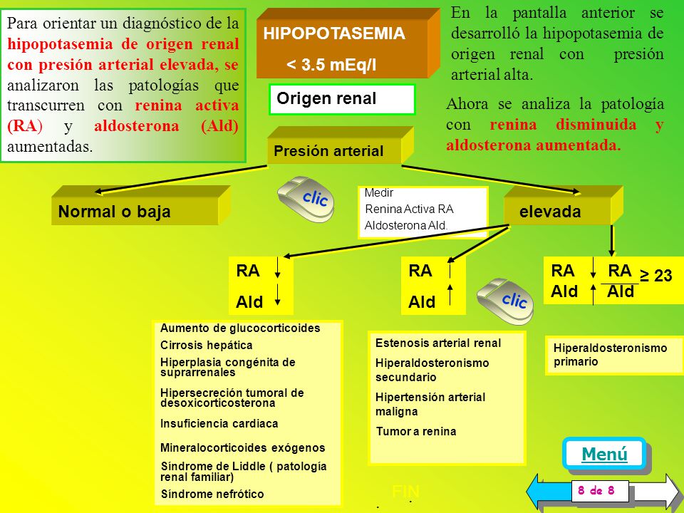 En la pantalla anterior se desarrolló la hipopotasemia de origen renal con presión arterial alta.