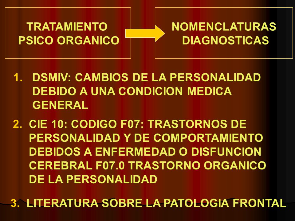 TRATAMIENTO PSICO ORGANICO. NOMENCLATURAS. DIAGNOSTICAS. 1. DSMIV: CAMBIOS DE LA PERSONALIDAD.