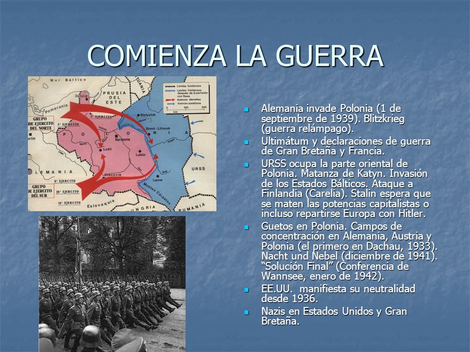 COMIENZA LA GUERRA Alemania invade Polonia (1 de septiembre de 1939). Blitzkrieg (guerra relámpago).