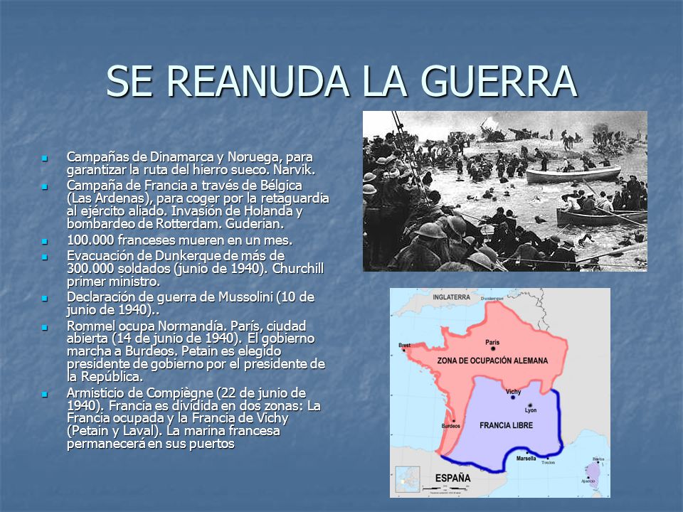 SE REANUDA LA GUERRA Campañas de Dinamarca y Noruega, para garantizar la ruta del hierro sueco. Narvik.