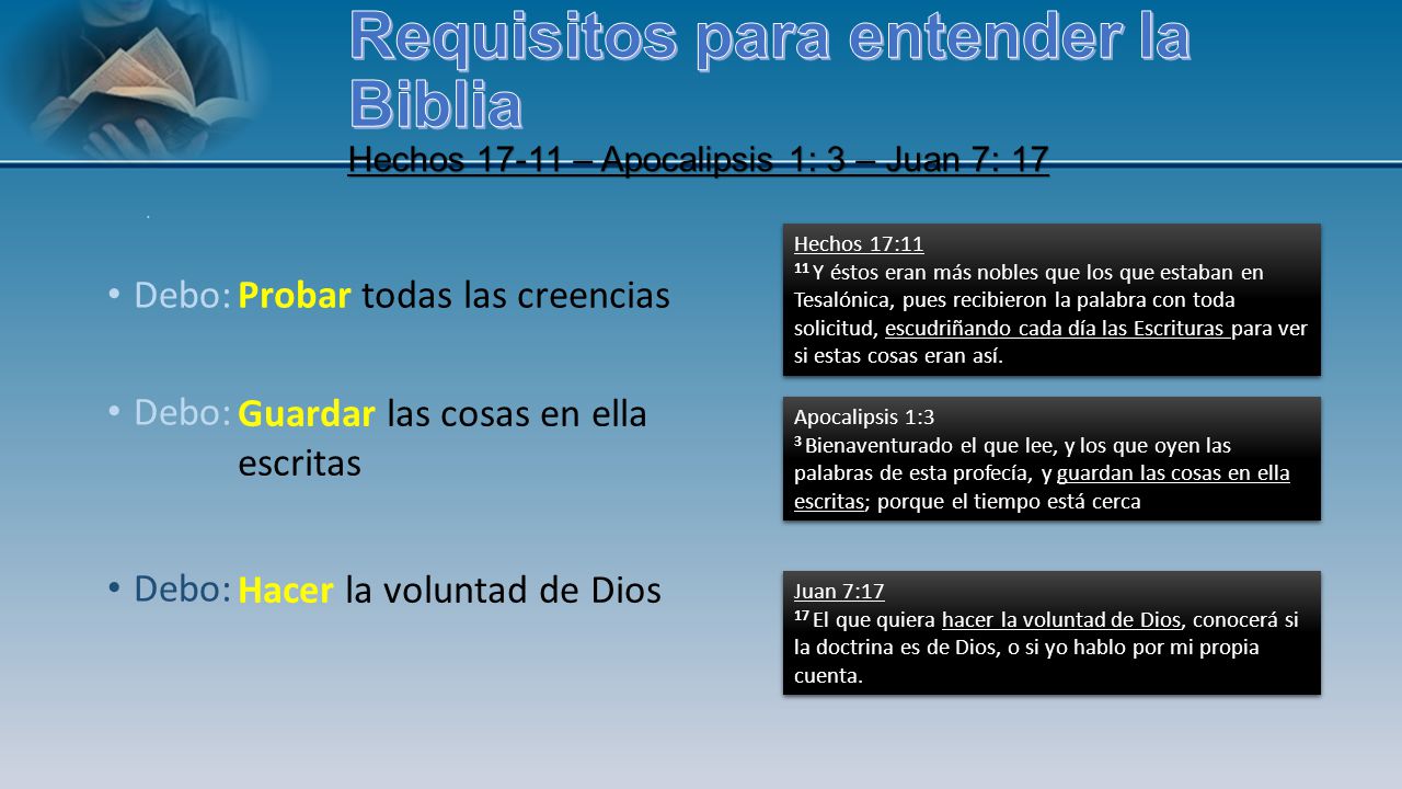 Requisitos para entender la Biblia Hechos – Apocalipsis 1: 3 – Juan 7: 17