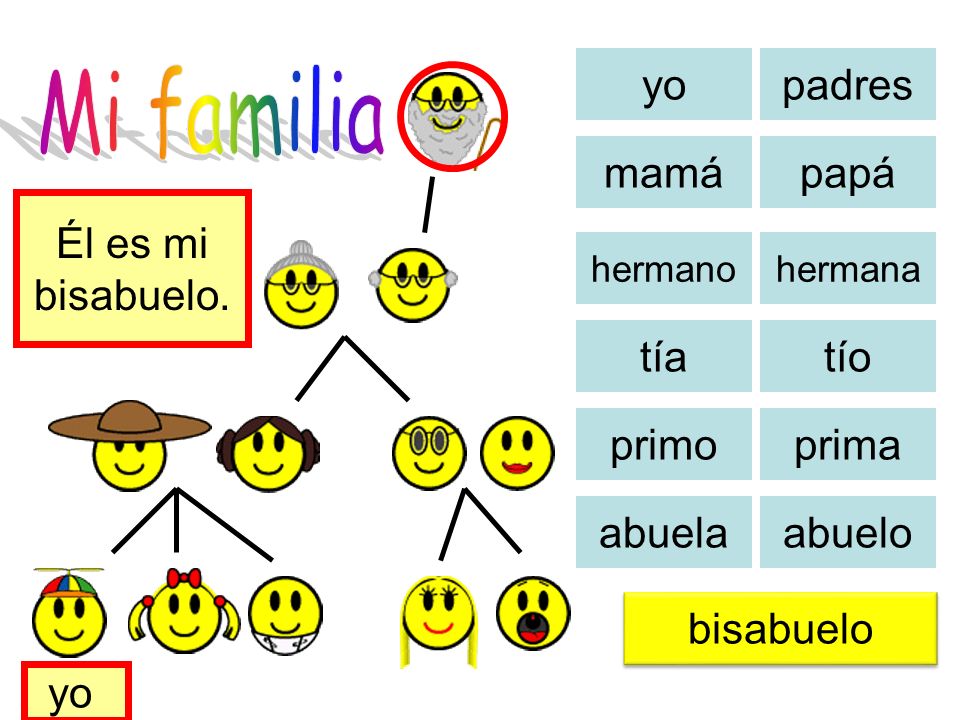 Mi familia yo padres mamá papá Él es mi bisabuelo. tía tío primo prima