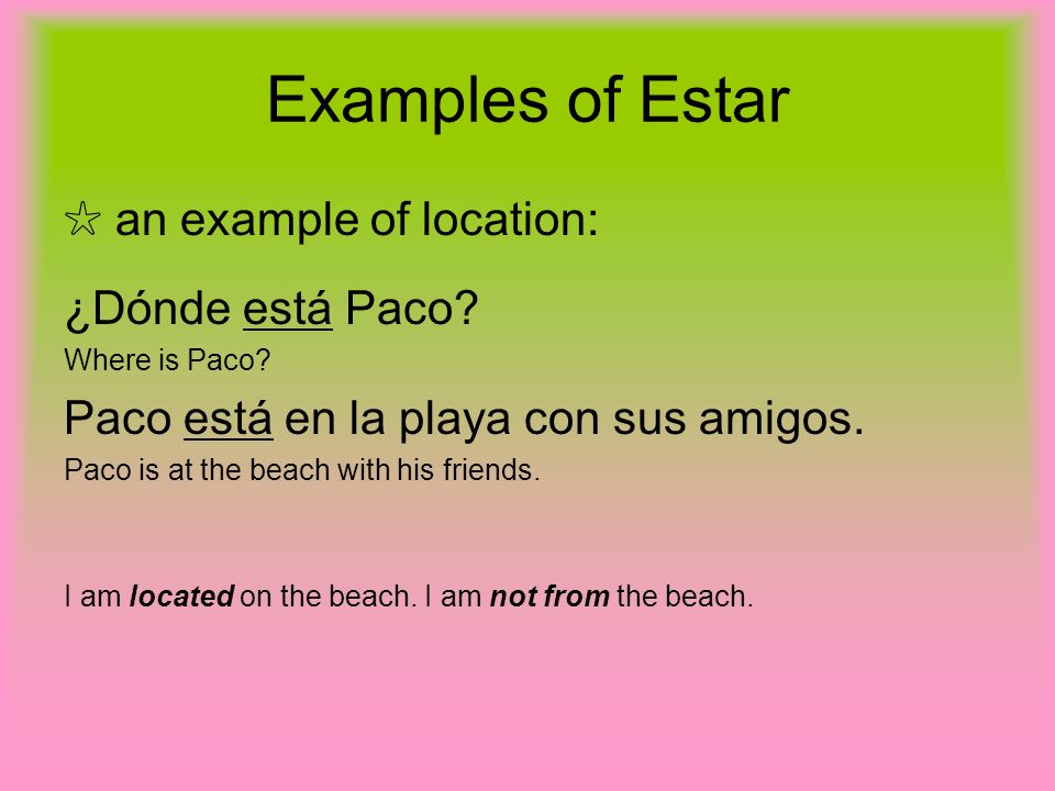 Examples of Estar ☆ an example of location: ¿Dónde está Paco