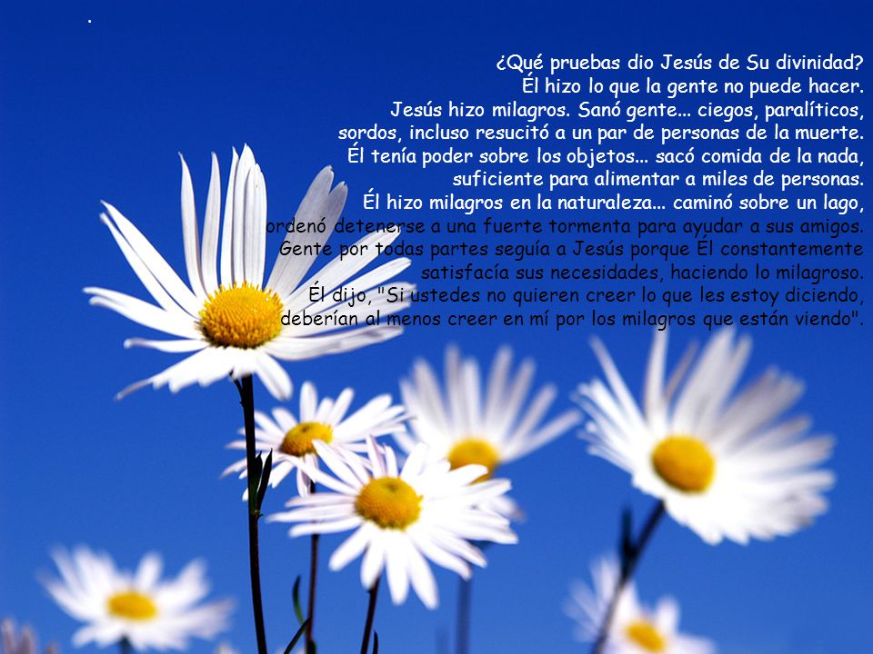 . ¿Qué pruebas dio Jesús de Su divinidad Él hizo lo que la gente no puede hacer. Jesús hizo milagros. Sanó gente... ciegos, paralíticos,