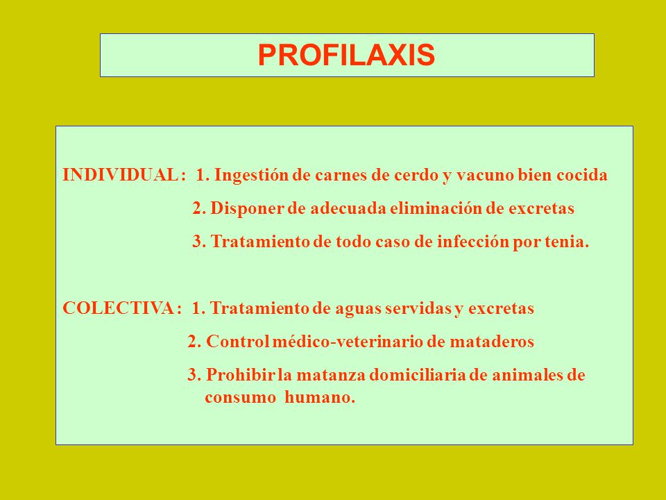 PROFILAXIS INDIVIDUAL : 1. Ingestión de carnes de cerdo y vacuno bien cocida. 2. Disponer de adecuada eliminación de excretas.