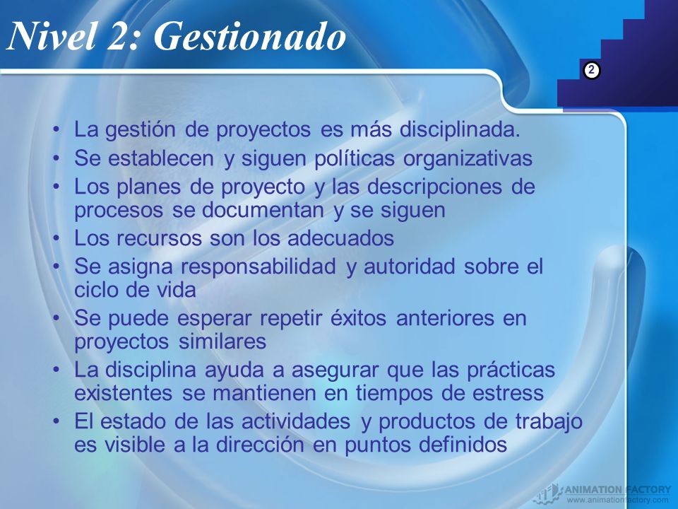 Nivel 2: Gestionado La gestión de proyectos es más disciplinada.