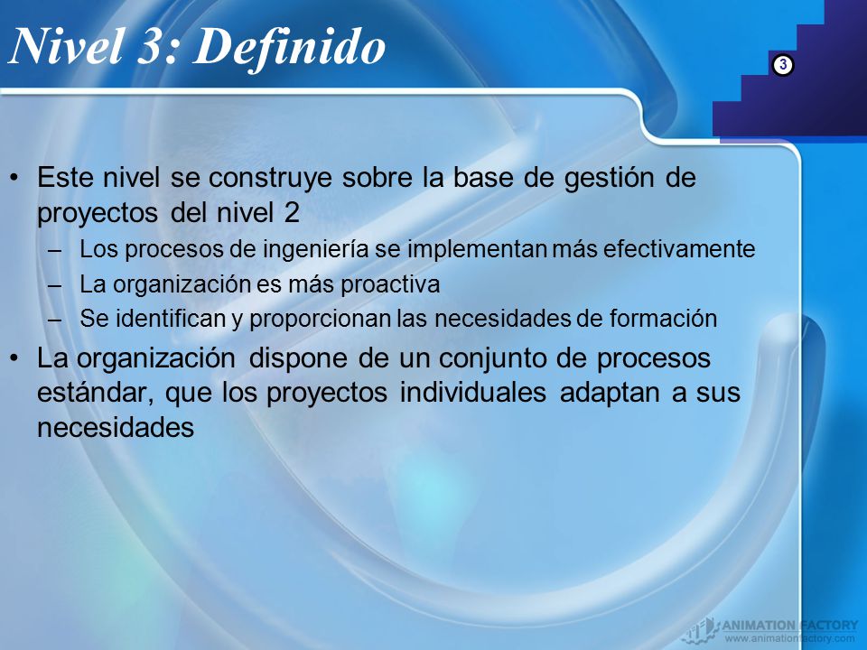 Nivel 3: Definido 3. Este nivel se construye sobre la base de gestión de proyectos del nivel 2.