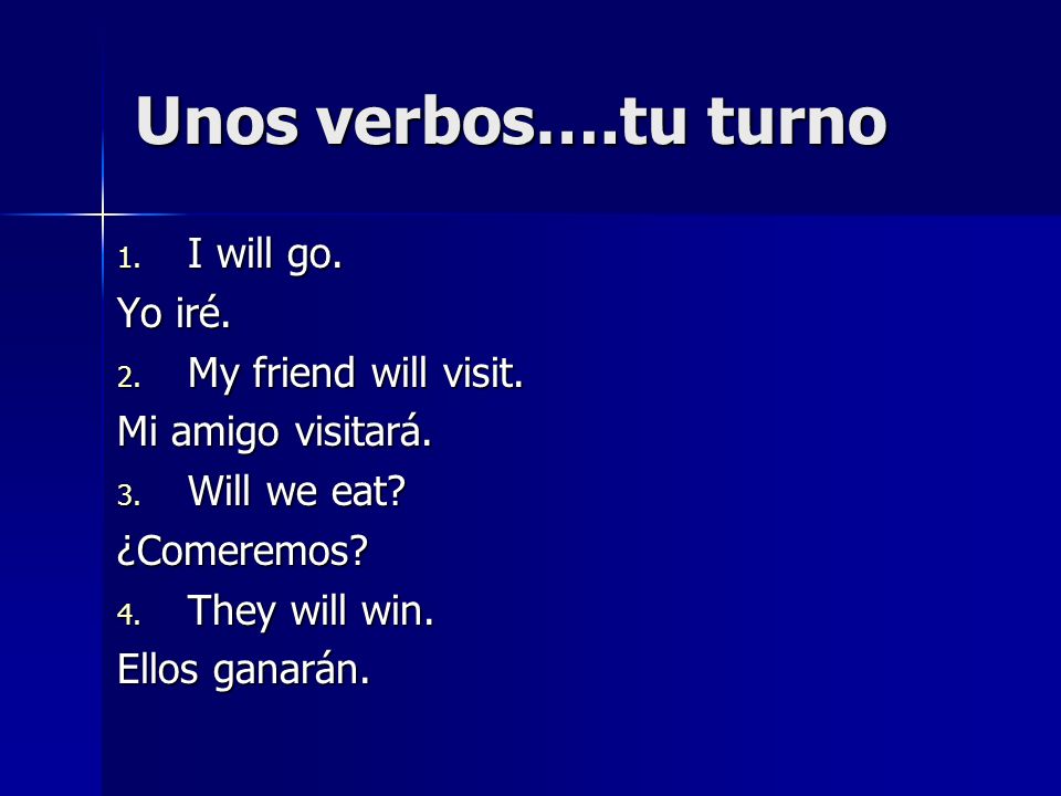 Unos verbos….tu turno I will go. Yo iré. My friend will visit.