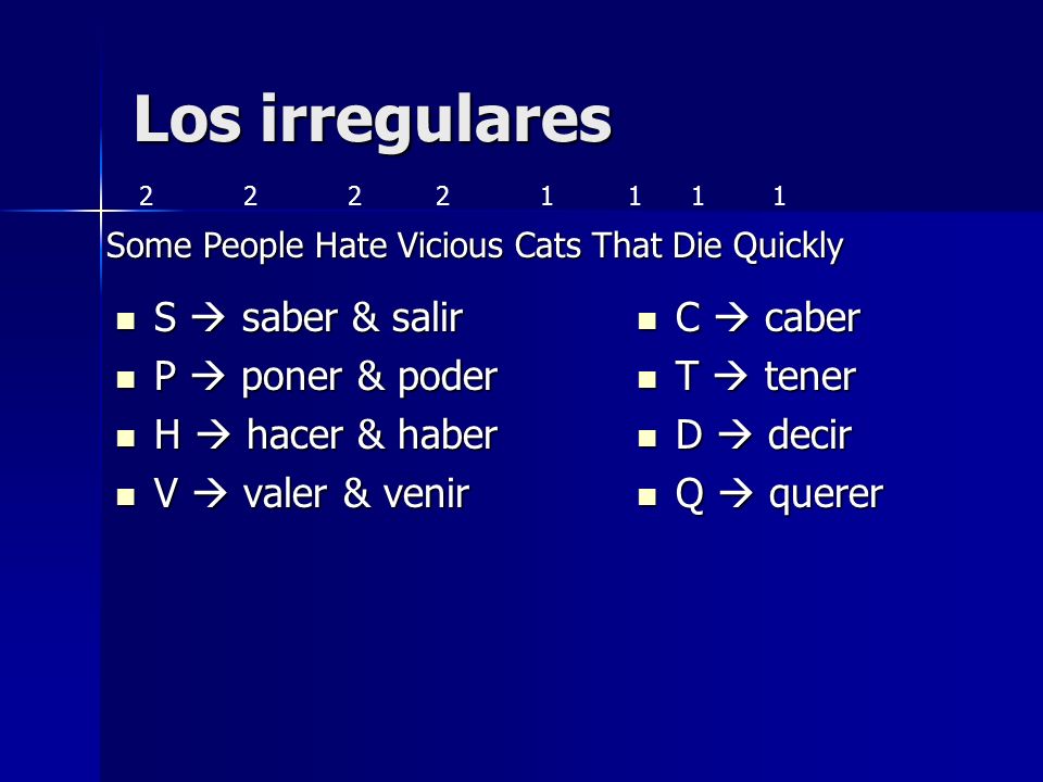 Los irregulares S  saber & salir P  poner & poder H  hacer & haber