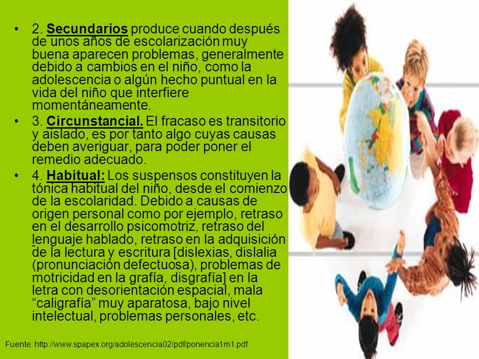 2. Secundarios produce cuando después de unos años de escolarización muy buena aparecen problemas, generalmente debido a cambios en el niño, como la adolescencia o algún hecho puntual en la vida del niño que interfiere momentáneamente.