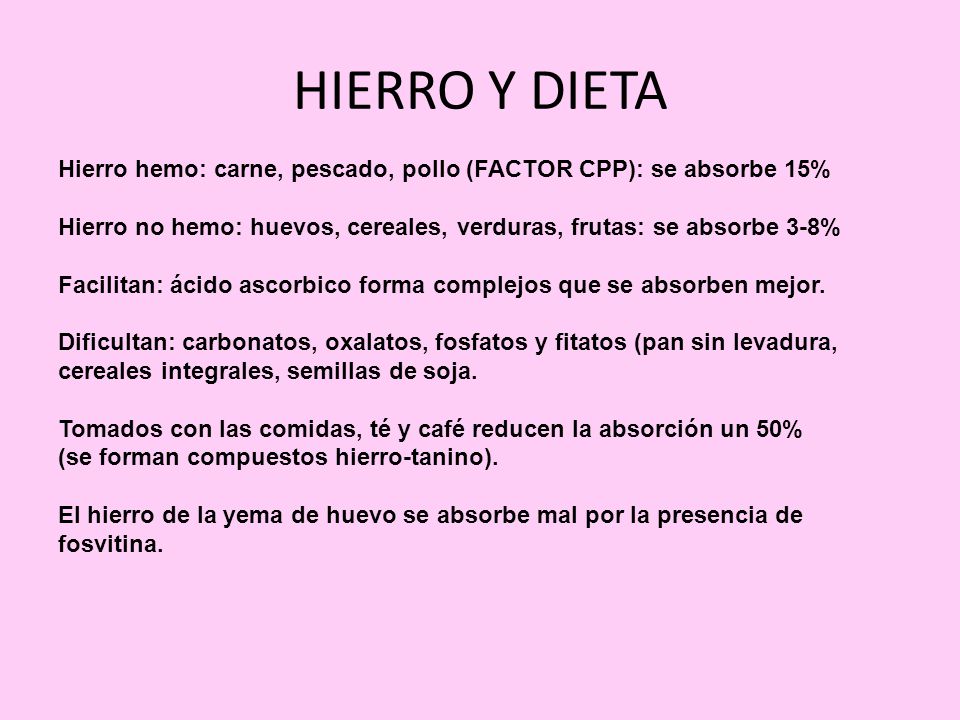 HIERRO Y DIETA Hierro hemo: carne, pescado, pollo (FACTOR CPP): se absorbe 15% Hierro no hemo: huevos, cereales, verduras, frutas: se absorbe 3-8%