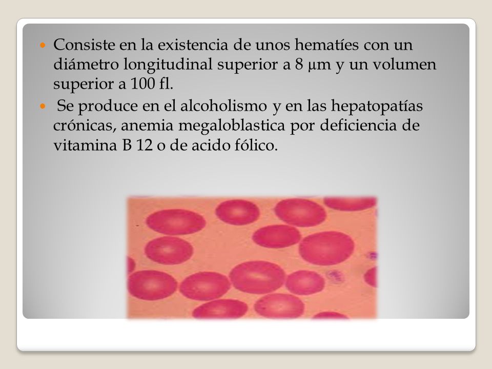 Consiste en la existencia de unos hematíes con un diámetro longitudinal superior a 8 µm y un volumen superior a 100 fl.