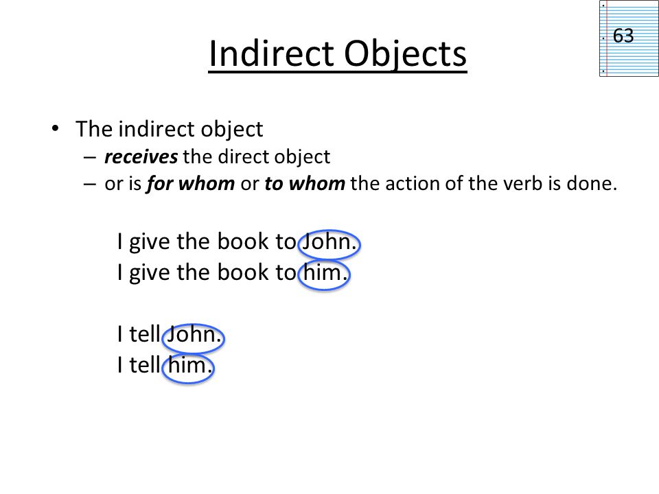 Indirect Objects I give the book to John. I give the book to him.