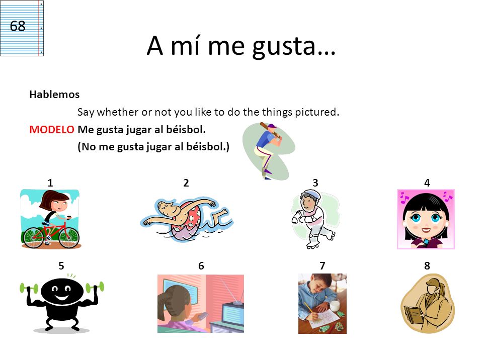 68 A mí me gusta… Hablemos Say whether or not you like to do the things pictured. MODELO Me gusta jugar al béisbol. (No me gusta jugar al béisbol.)