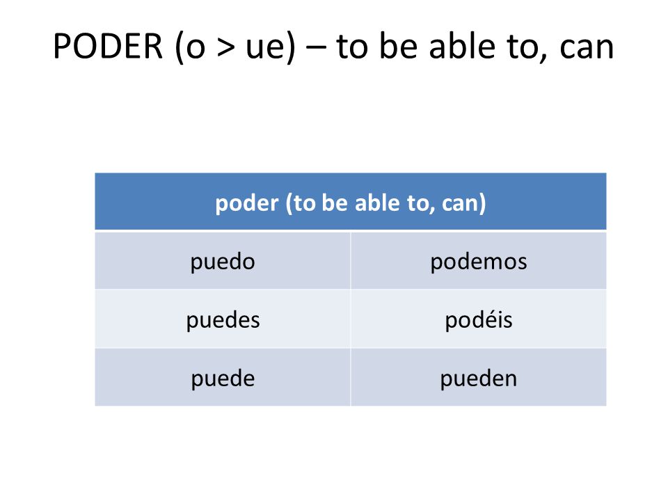 PODER (o > ue) – to be able to, can