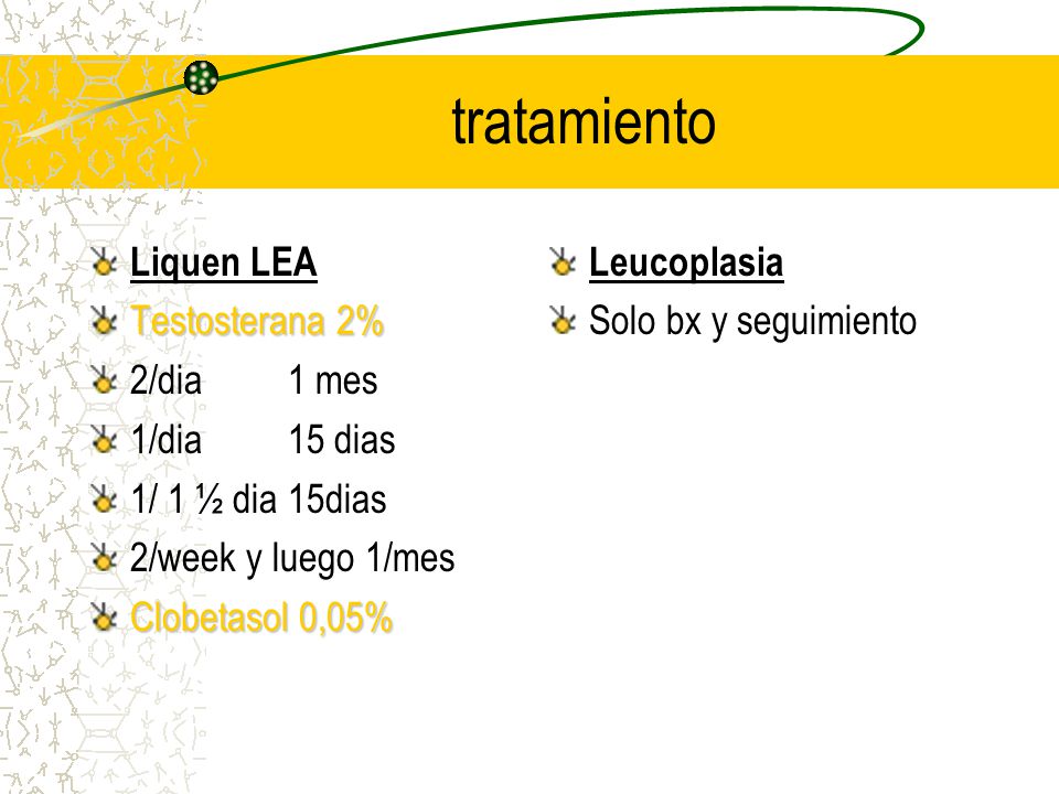 tratamiento Liquen LEA Testosterana 2% 2/dia 1 mes 1/dia 15 dias