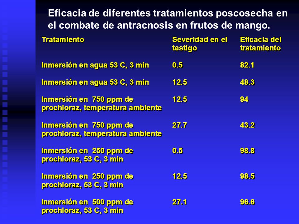 Eficacia de diferentes tratamientos poscosecha en el combate de antracnosis en frutos de mango.
