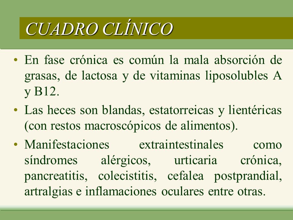 CUADRO CLÍNICO En fase crónica es común la mala absorción de grasas, de lactosa y de vitaminas liposolubles A y B12.