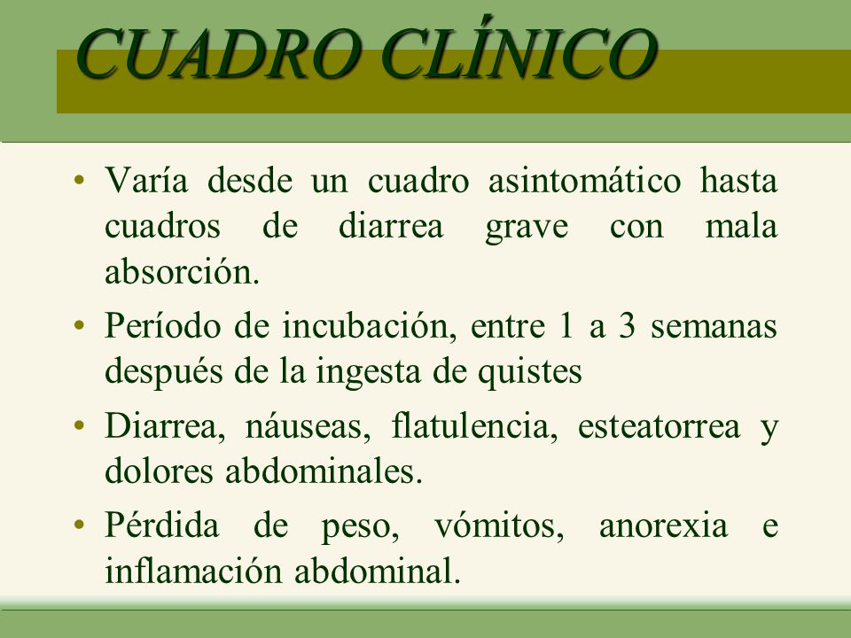 CUADRO CLÍNICO Varía desde un cuadro asintomático hasta cuadros de diarrea grave con mala absorción.