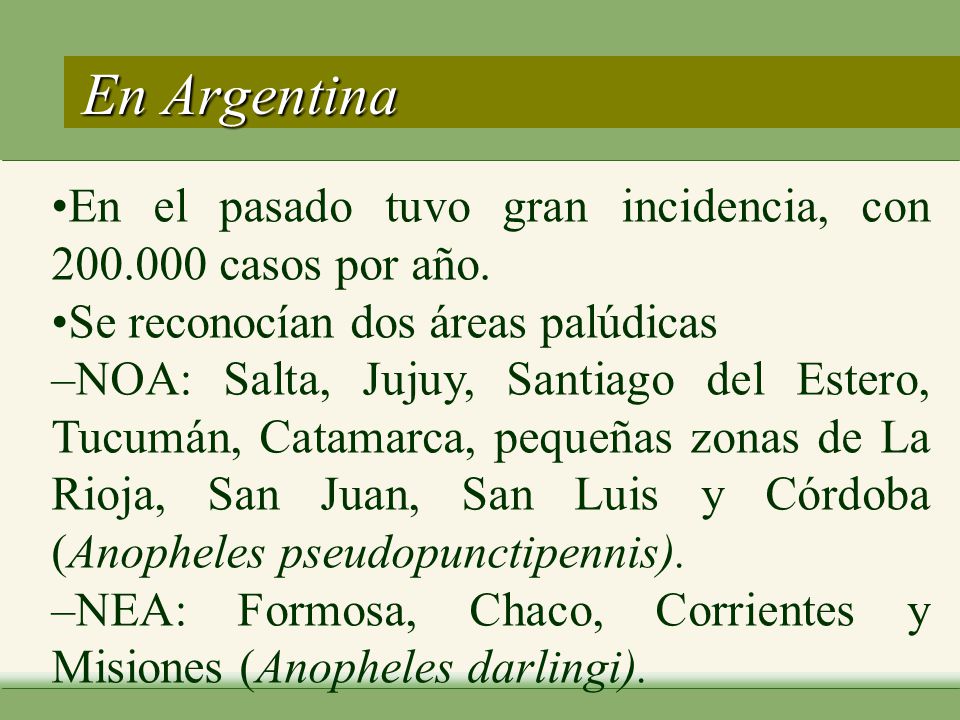En Argentina •En el pasado tuvo gran incidencia, con casos por año. •Se reconocían dos áreas palúdicas.
