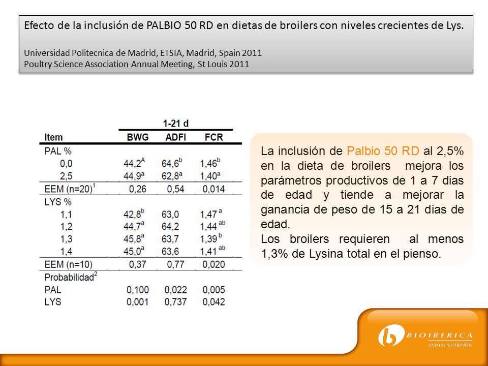 Los broilers requieren al menos 1,3% de Lysina total en el pienso.